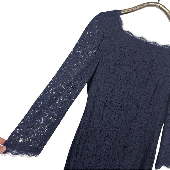 ADRIANNA PAPELL NAVY BLUE SCALLOPED LACE 3/4 SLEEVE SHEATH COCKTAIL DRESS - Picture 11 of 13